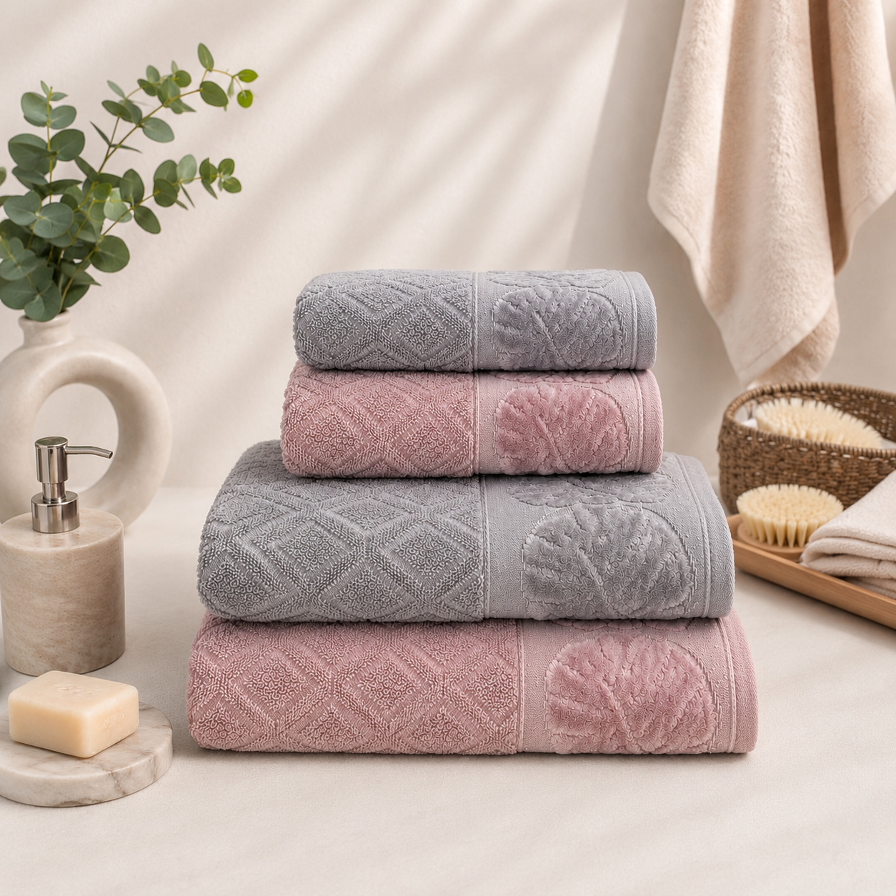 MORİVA YAPRAK DESEN BANYO HAVLU SETİ