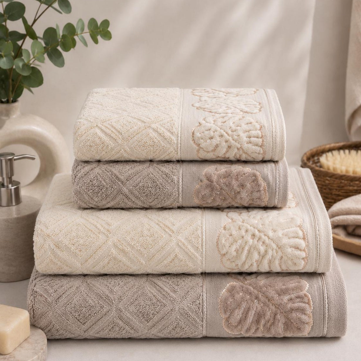 MORİVA YAPRAK DESEN BANYO HAVLU SETİ